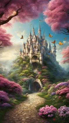 a painting of a castle surrounded by pink flowers and trees with butterflies flying over it