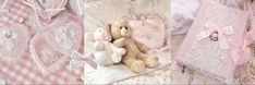 there is a teddy bear and other items on the bed in front of it,