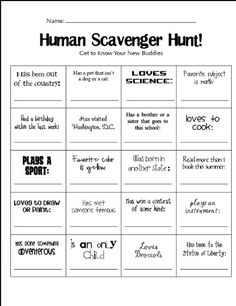 the human scavenger hunt is shown in black and white, with words on it