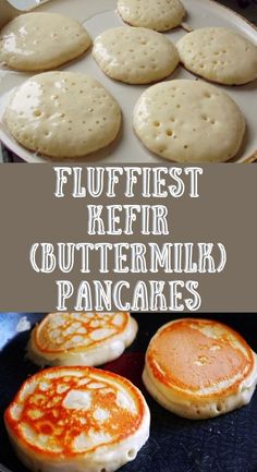 pancakes are being cooked in a skillet with butter and cinnamon on top, and the words flufflefest kefir buttermik pancakes