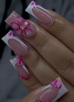 #pink #white #nailinspo Hot Pink With White Nails, Pink White Nails Design, White French Tip Nails Pink Base, Short Nail Designs Pink And White, Summer Hot Nails, Nails For Costa Rica, Short Valentines Nails Pink, Pink French Tip With Design, His Initials Nails