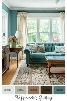 a living room with blue walls and furniture