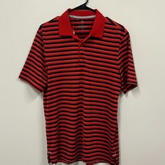 Brand: Adidas Color: Red, Black Size: Small Condition: Never Worn Fitted Red Polo Shirt For Sports, Sporty Red Collared Polo Shirt, Red Collared Sports Top, Red Collared Polo Shirt For Sports, Adidas Casual Short Sleeve Polo Shirt, Red Short Sleeve Top For Golf, Adidas Cotton Golf Tops, Red Cotton Golf Top, Casual Red Polo Shirt For Sports