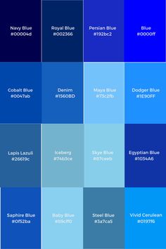 Find different shades of #Blue and the respective #Hex codes Unique Shades Of Blue, Beautiful Shades Of Blue, Colors Of Blue Shades, Shades Of Blue That Go Together, Blue Color Swatches Shades, Different Shades Of Dark Blue, Blue Colour Wall Paint, Blue Scheme Color, Shades Of Blue Colour Palettes