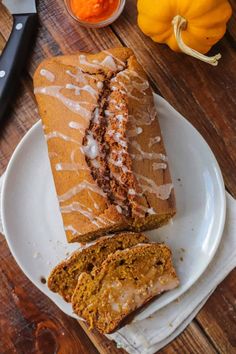 slices of pumpkin bread on a white plate