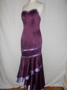 Vintage evening dress 90s Aubergine purple beaded sequin strapless evening dress size small Fitted Purple Chiffon Evening Dress, Fitted Purple Dress With Lined Bodice, Purple Strapless Dress For Prom Season, Purple Evening Dress For Prom, Purple Strapless Dress For Prom, Purple Prom Evening Dress, Fitted Purple Evening Dress, Purple Homecoming Dress With Corset Back, Purple Sequined Evening Dress For Homecoming