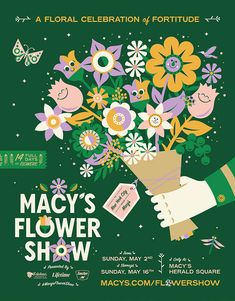 a poster for macy's flower show with flowers in a vase and an envelope