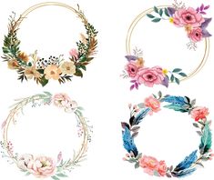 four different floral wreaths with leaves and flowers on the top one is pink, green, blue