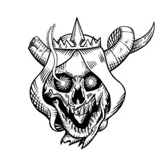 a black and white drawing of a demon skull with horns on it's head