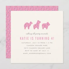 a pink and white birthday party card with polka dots on the bottom, two giraffes are shown