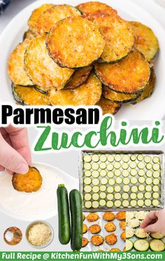 the recipe for parmesan zucchini is shown on a plate with cucumbers