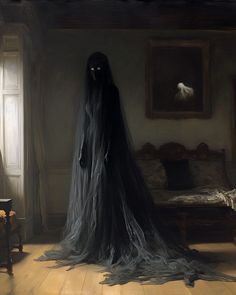 a painting of a woman with long black veil