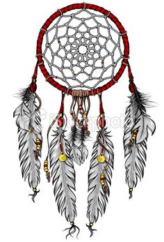 a drawing of a red and white dream catcher with feathers on it's sides