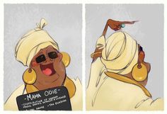 two cartoon images of a woman with sunglasses and a sign that says mam oie