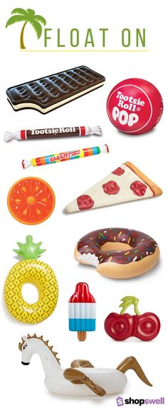 an advertisement for float on with different types of items in the shape of donuts