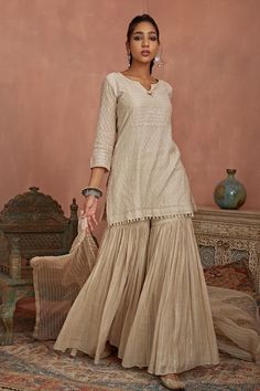 Buy Cream Chanderi Printed Gota Round Embroidered Kurta With Long Inner For Women by Peenacolada Online at Aza Fashions. Short Kurti With Sharara Designs, Sharara Models, Kurti With Gharara, Garara Design, Simple Suits, Short Kurti Designs, Gharara Designs, Sharara Designs, Kurtis Tops