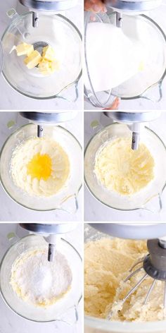 four pictures showing how to make batter in a mixing bowl