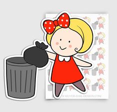 a girl with a red bow is throwing garbage into a trash can and holding it in her hand