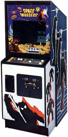 an old style arcade game machine with artwork on the front and side panels, featuring space invades