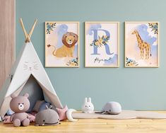 a child's room with toys and paintings on the wall, including a teepee tent