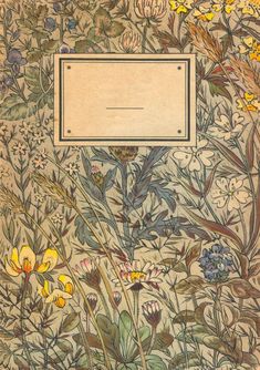 an image of a book with flowers and plants on it's cover, which has a sign in the middle