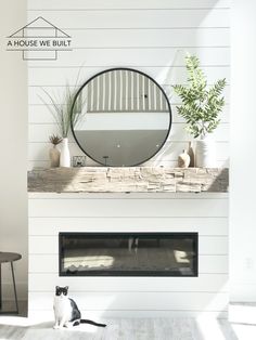 two black and white cats sitting on the floor in front of a fireplace with a mirror above it