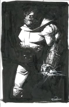 a black and white drawing of a man in armor