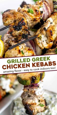 grilled greek chicken kebabs on a plate with lemon wedges and garnishes