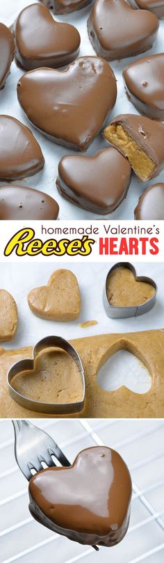 heart shaped cookies being made with chocolate and peanut butter