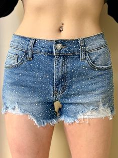 jean shorts, cut offs, distressed, rhinestone detail. Get Gussied Up. Woman Owned Boutique. Small Business. Our Galaxy, Cut Offs, Medium Wash Jeans, Washed Jeans, Summer Wardrobe, Cut Off, Jean Shorts, Denim Shorts, Boutique