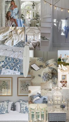 a collage of photos with blue and white decor