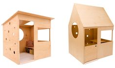 two wooden toy houses with one open and the other closed