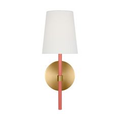 a wall light with a white shade on the side and a gold metal frame around it