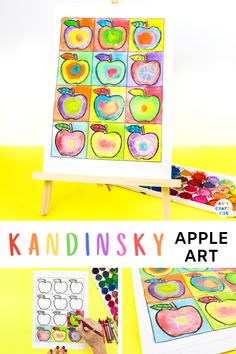 an apple art project for kids with the words kandkinsky on it and pictures of