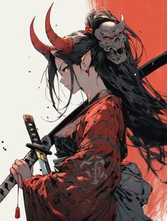 Oni Girl, Samurai Anime, Japanese Art Prints, Samurai Art, Cool Wallpapers Cartoon, Fantasy Concept Art, Anime Artwork, Fantasy Character Design