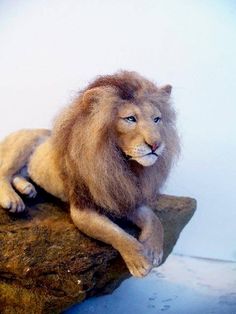 a stuffed lion sitting on top of a rock