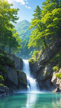 a waterfall in the middle of a forest filled with trees and rocks next to a body of water