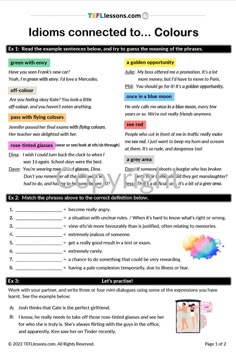 Colour Idioms / ESL Resources / English Languages Activities and Lesson Plans English Language Activities, English Teaching Resources, Esl Lesson Plans, Esl Resources, Learning English For Kids, English Writing Skills