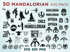 the 50 mandalorn svg pack is shown in black and white, with different logos