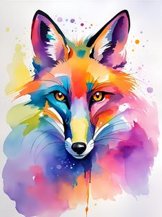 a painting of a fox with orange eyes and colorful paint splatters on it's face