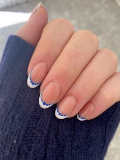 #nails #naildesign #blue Blue French Tip Design Nails, Simple Nails For September, White French Nails With Blue Design, Simple Nail Designs On White Nails, Back To School Nails College, Fall Break Beach Nails, Cute Nails For Moms, Trending Gel X Nails, Nails Travel Vacation