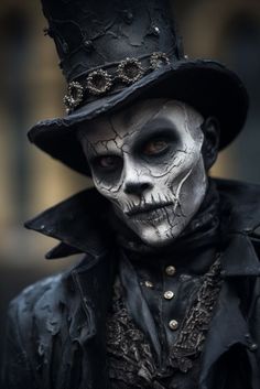 a man dressed up as a skeleton wearing a top hat