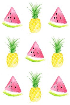 watermelon and pineapples are painted on white paper