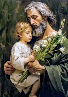 a painting of jesus holding a little boy with flowers in his lap and looking at him