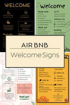 the front and back cover of an air bnb welcome sign is shown in different colors