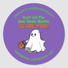 a round sticker with a ghost holding a pumpkin and the words don't let the bed bug bite me scare you