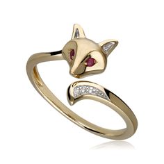 This stunning and sleek 9ct yellow gold fox ring features bright red ruby gemstones for the eyes and a white sapphire tail to wrap around the finger. A quick buff with a jewellery cleaning cloth will remove metal tarnishes and keep gemstones looking glossy. Please avoid contact with perfumes, cosmetics or chemicals. Fox Ring, Gold Fox, Fox Jewelry, Green Colours, Sapphire Birthstone, Animal Ring, Gold G, Ruby Sapphire, Nature Inspired Jewelry