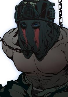 a drawing of a man with chains around his neck and wearing a helmet on top of his head