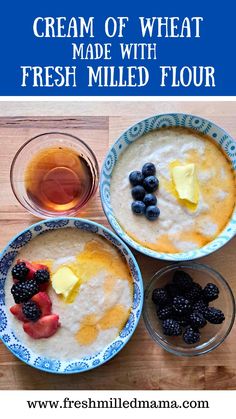 two bowls filled with oatmeal, berries and butter