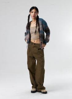 Diagonal Waist Cargo Pants IS322 - Acubi style | LEWKIN X Initial, Acubi Style, Waist Cargo Pants, Initial D, Brass Beads, School Looks, Style Upgrade, Cropped Cami, Style Cardigan